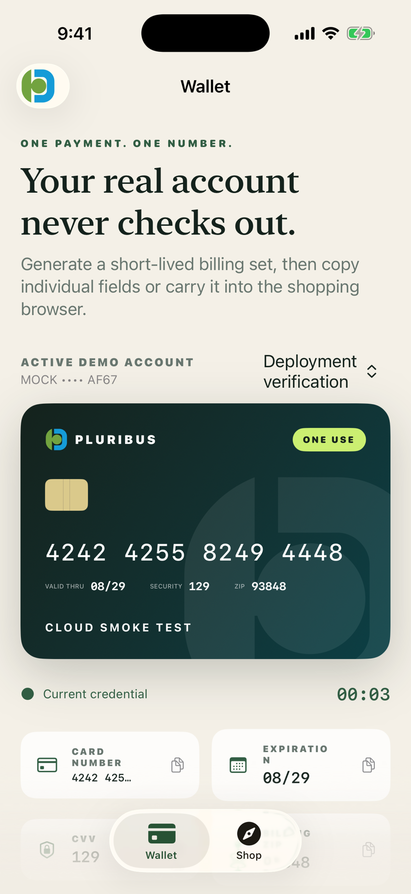 Pluribus iPhone wallet showing a one-use payment credential